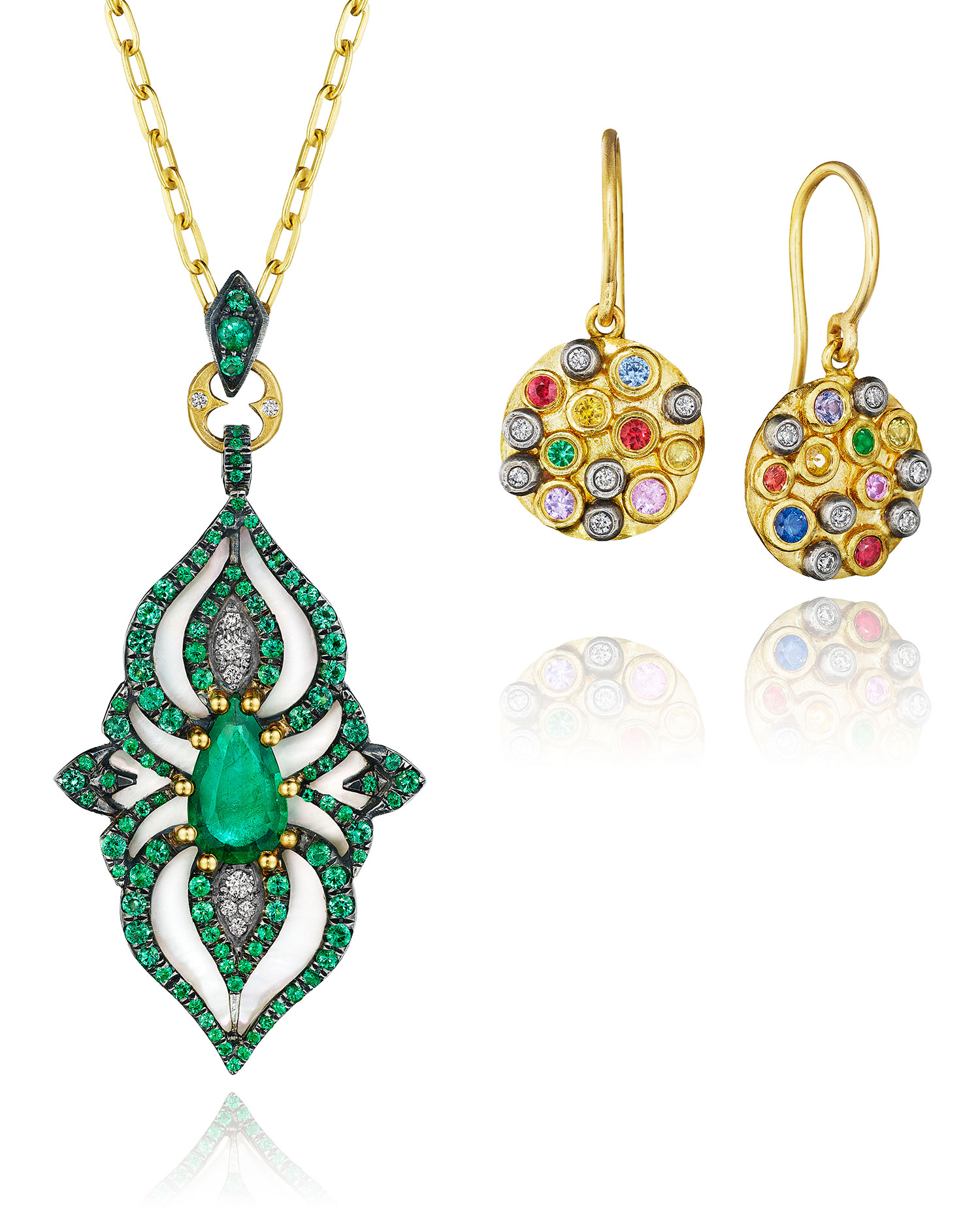 Annie Fensterstock emerald flower pendant and cornucopia earrings
