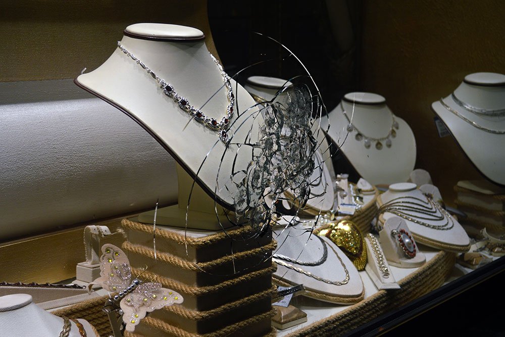 Smashed window of jewelry store